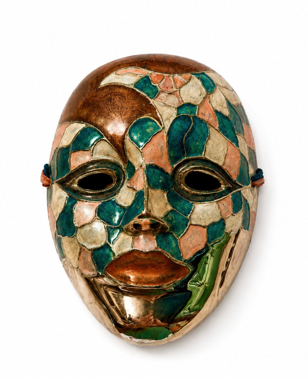 Masque mural vintage en laiton massif émaillé – Inde