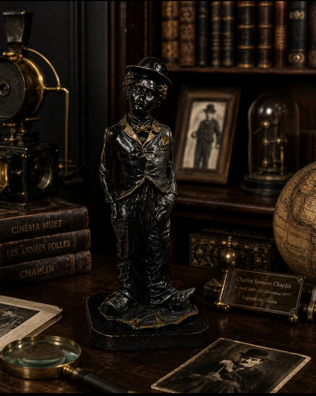 Statuette Charlot style Charlie Chaplin — Résine & socle bois, noir & doré, H. 22 cm