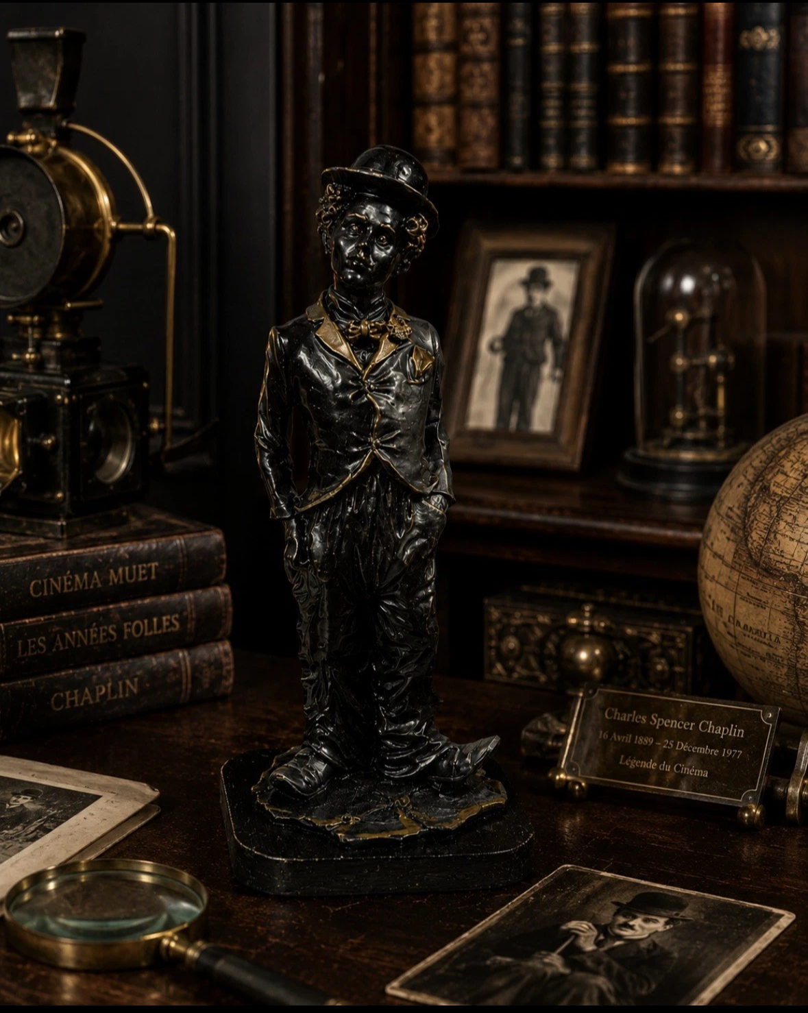Statuette Charlot style Charlie Chaplin — Résine & socle bois, noir & doré, H. 22 cm