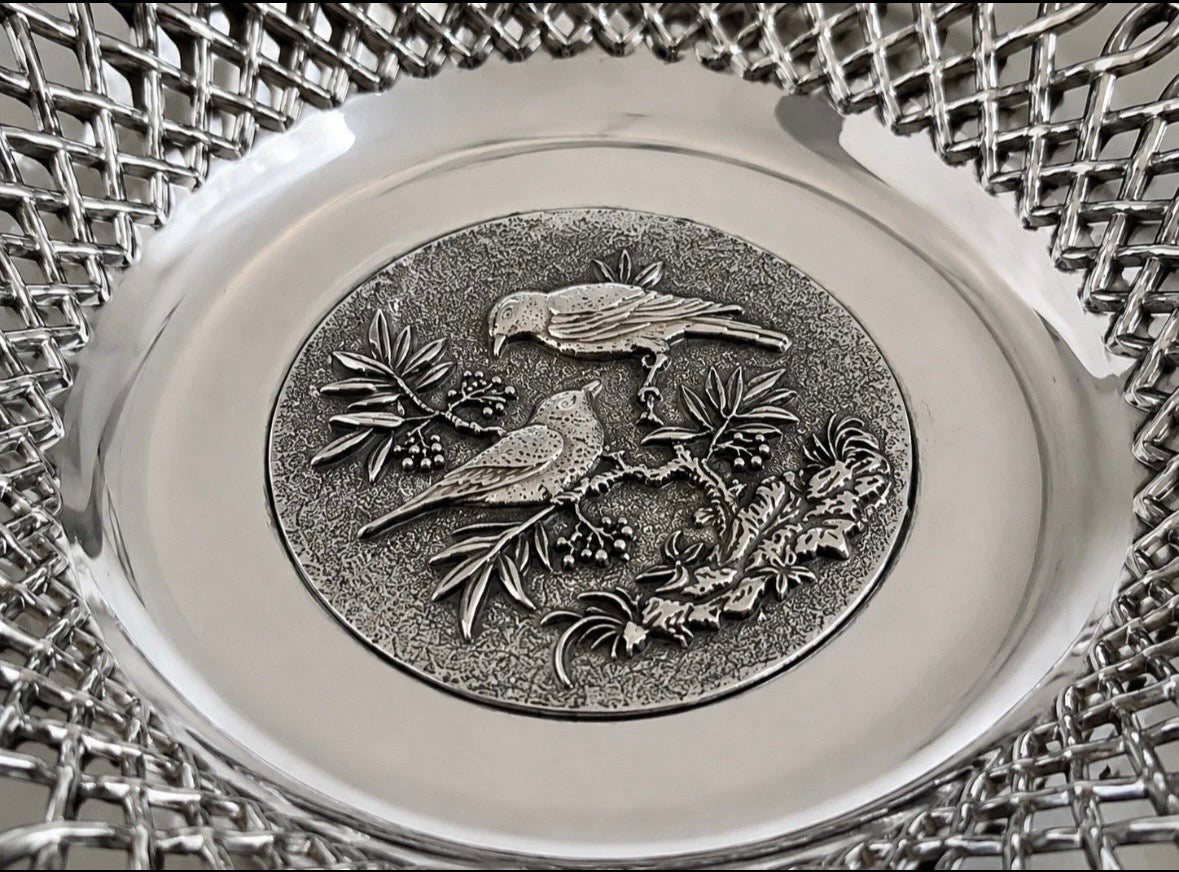 Vintage Chrome Fruit Bowl Schweden Schaetze — Coupe Oiseaux Relief 1960s Art Déco