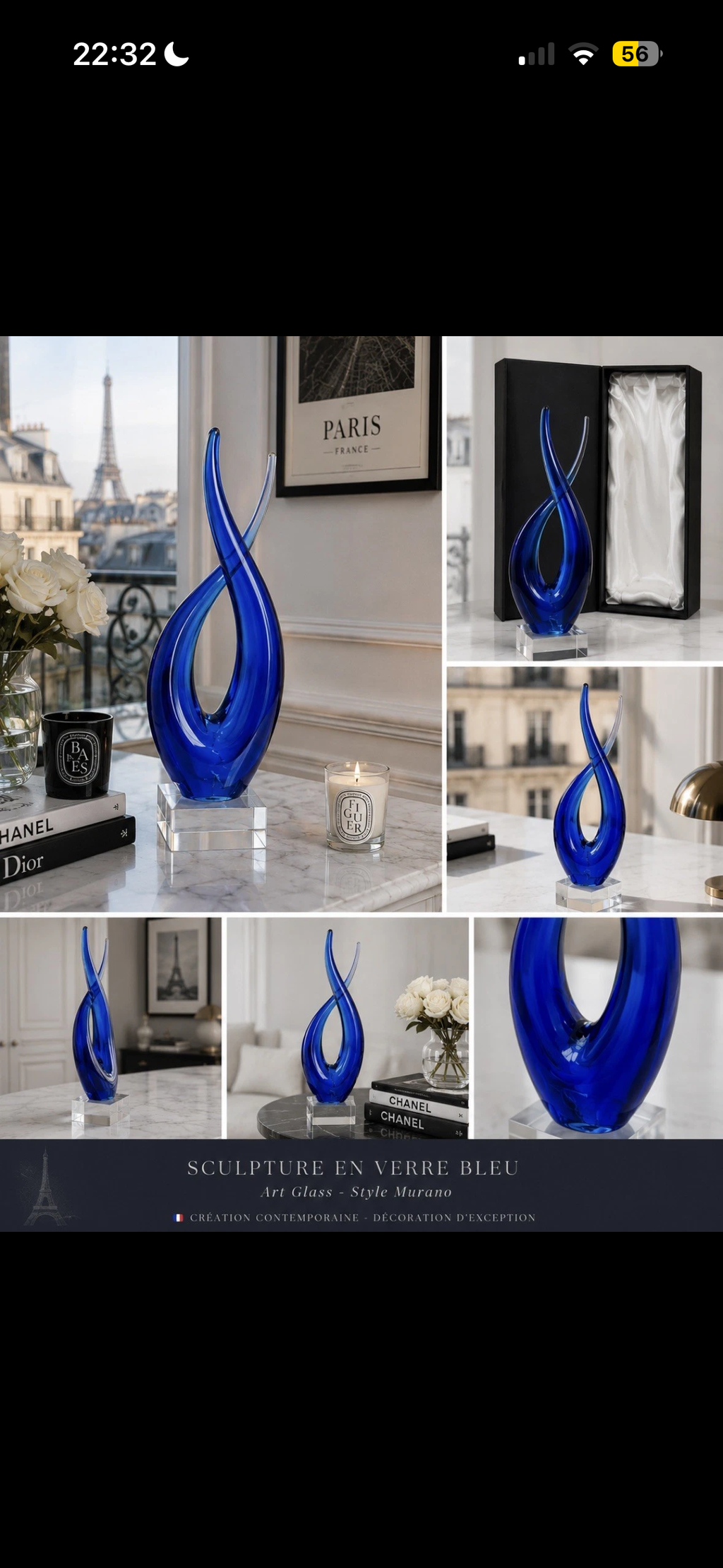 Sculpture Verre Bleu — Art Glass Style Murano Blue Glass Sculpture