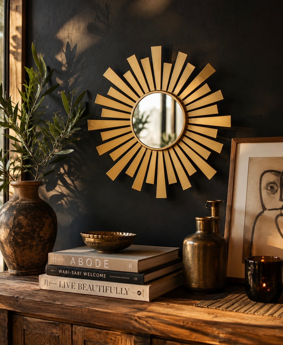 Miroir Soleil Vintage Doré – Design Mid-Century – Ø 27 cm