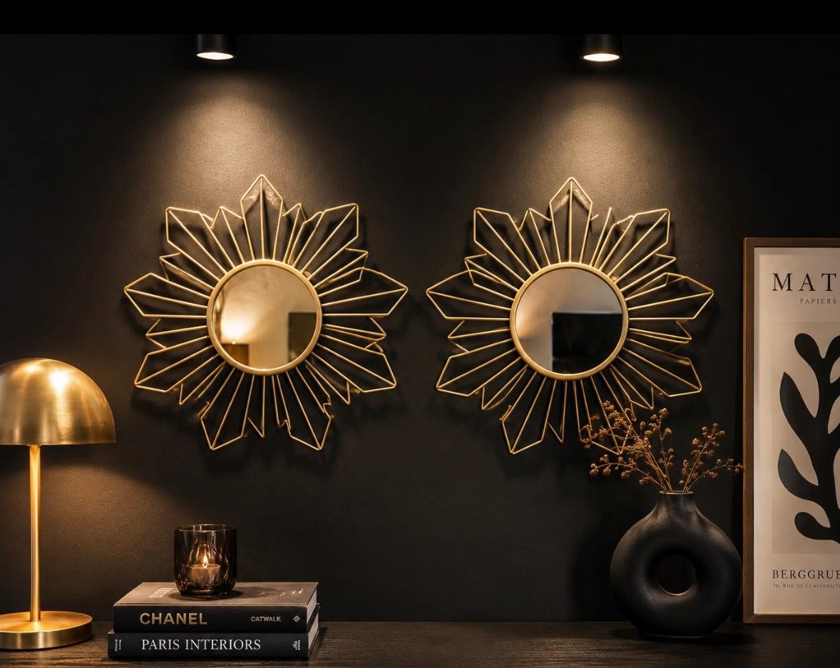 Paire de miroirs soleil vintage en métal doré – 29 cm – Années 70