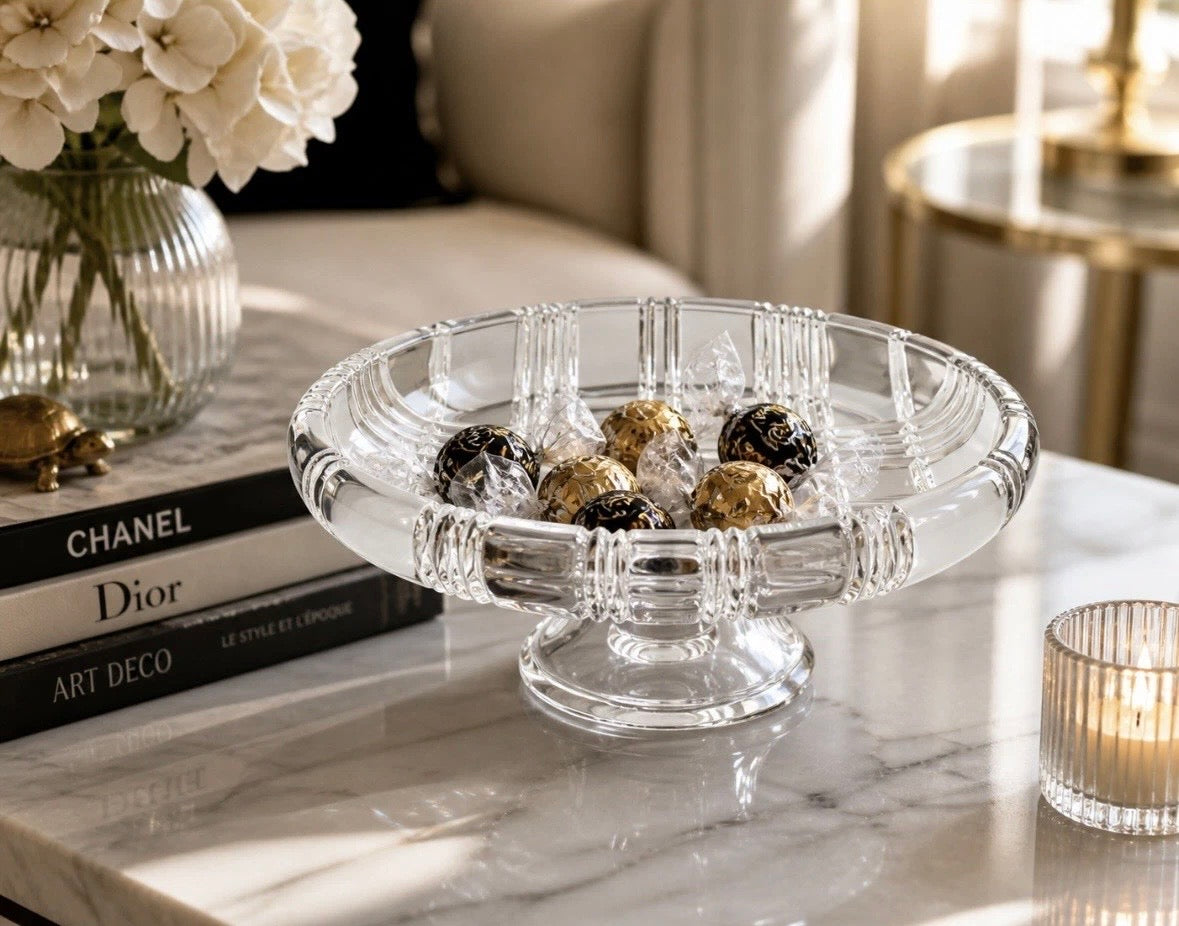 Mikasa Crystal Pedestal Bowl Art Deco Plaid Tartan — Bonbonnière Coupe sur Pied