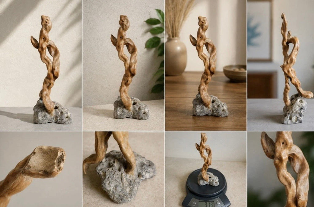 Sculpture Signée Giuliano Carso — Bois Sculpté & Pierre Naturelle, 2000