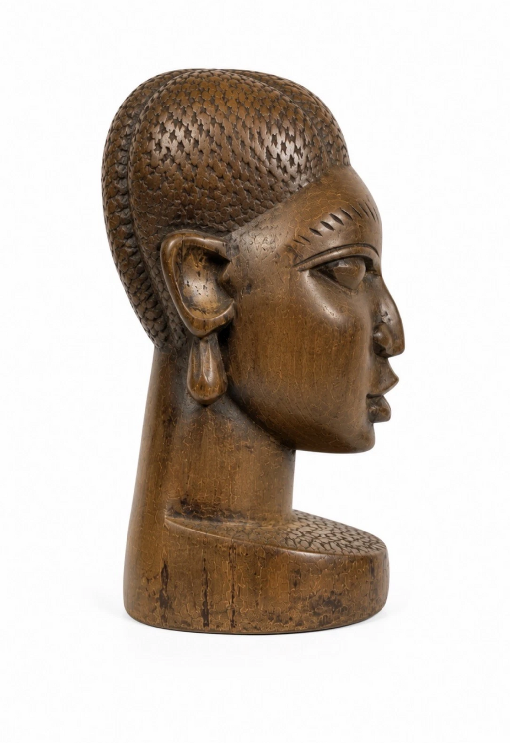 Buste féminin africain sculpté en bois massif — Patine ancienne, H. 18 cm