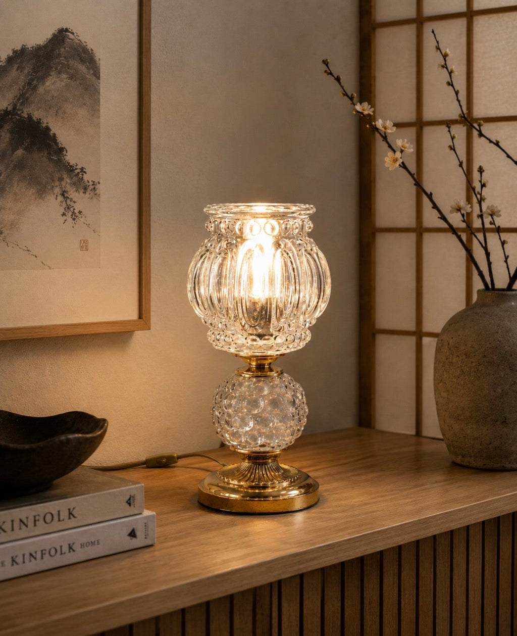 Lampe vintage en verre texturé et métal doré – Années 70