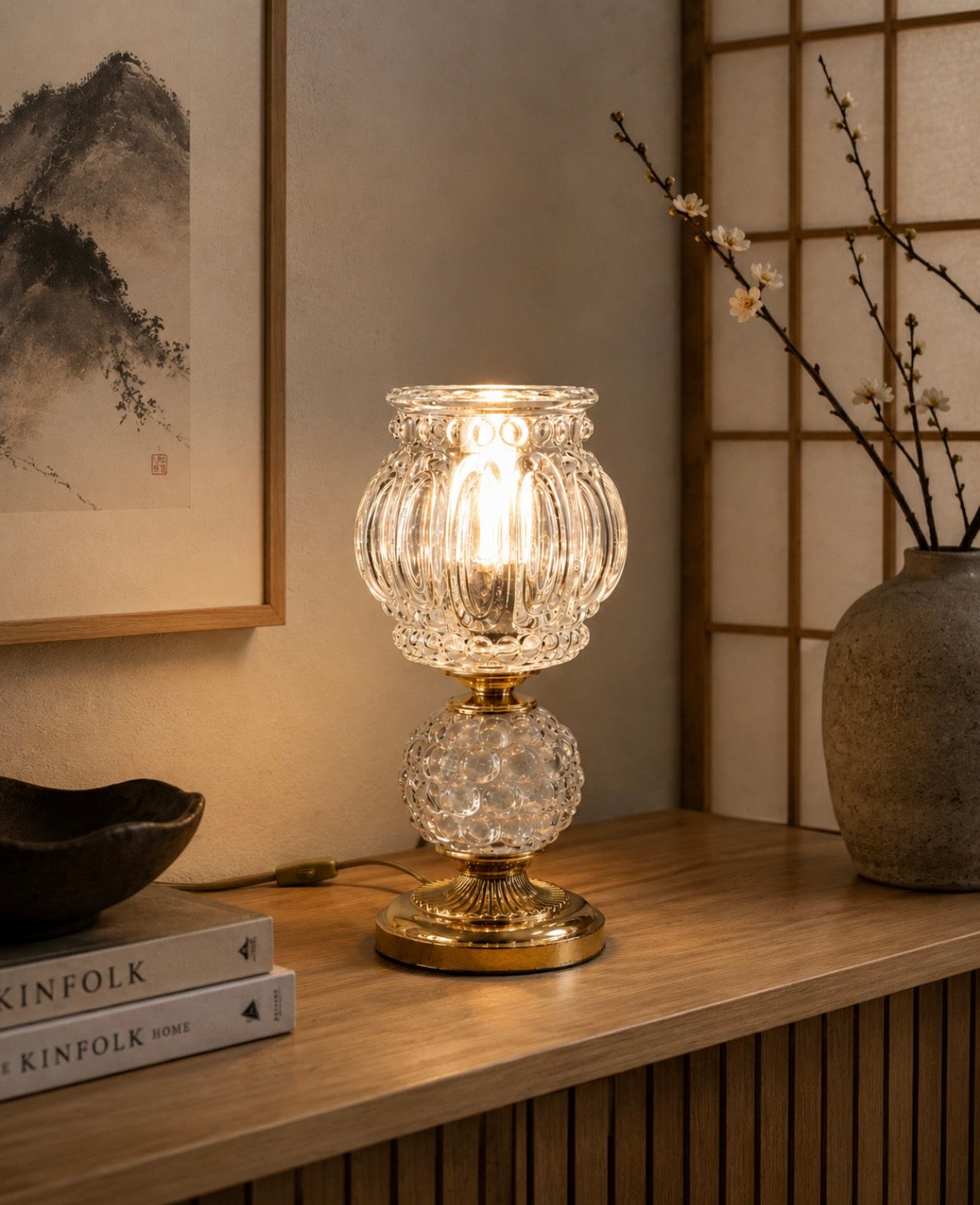 Lampe vintage en verre texturé et métal doré – Années 70