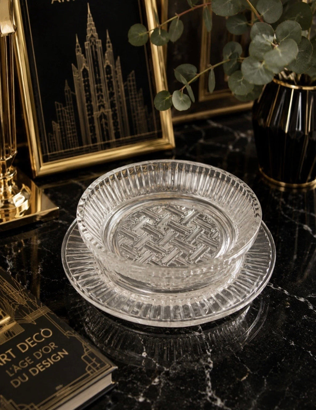 Coupe Verre Pressé & Plateau Argenté Art Déco Vintage — NK Curated Finds