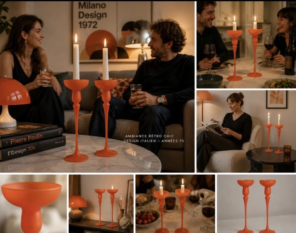 Paire Bougeoirs Verre Orange Vintage Space Age | Glass Candle Holders