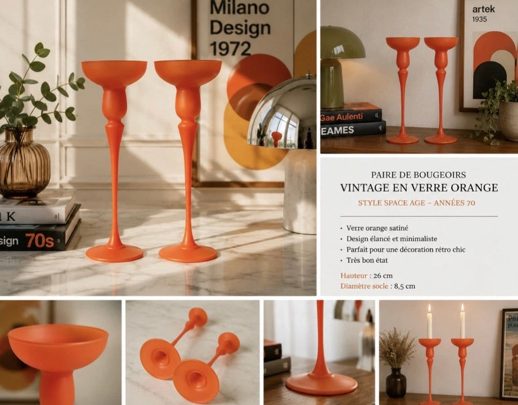 Paire Bougeoirs Verre Orange Vintage Space Age | Glass Candle Holders
