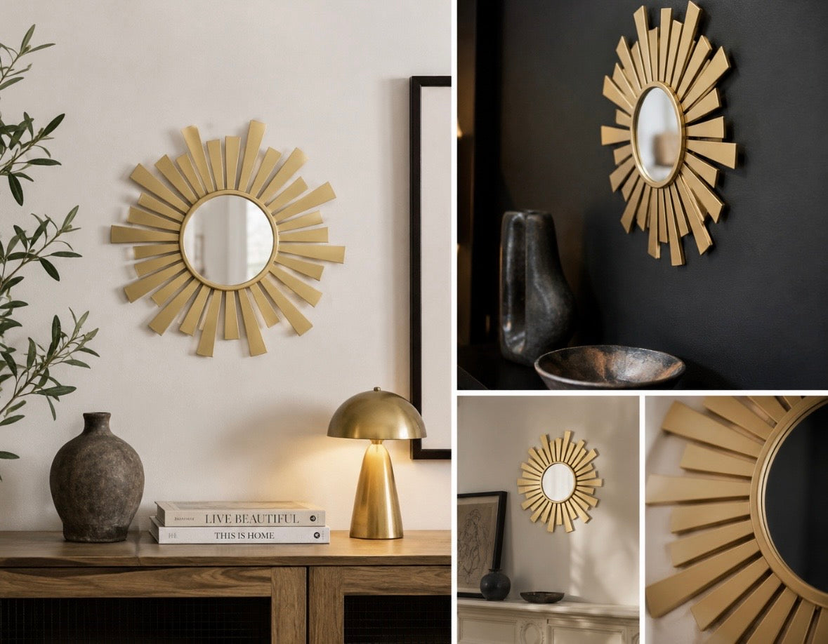Miroir Soleil Vintage Doré – Design Mid-Century – Ø 27 cm