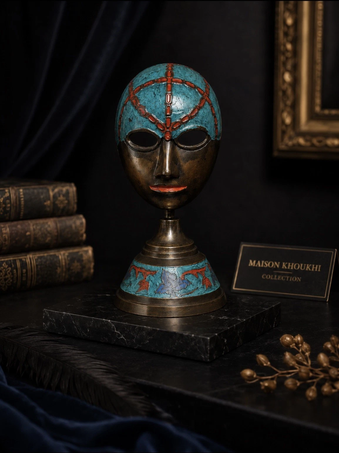 Masque de théâtre vintage émaillé — Turquoise, bronze & rouge, sur socle, H. 15 cm