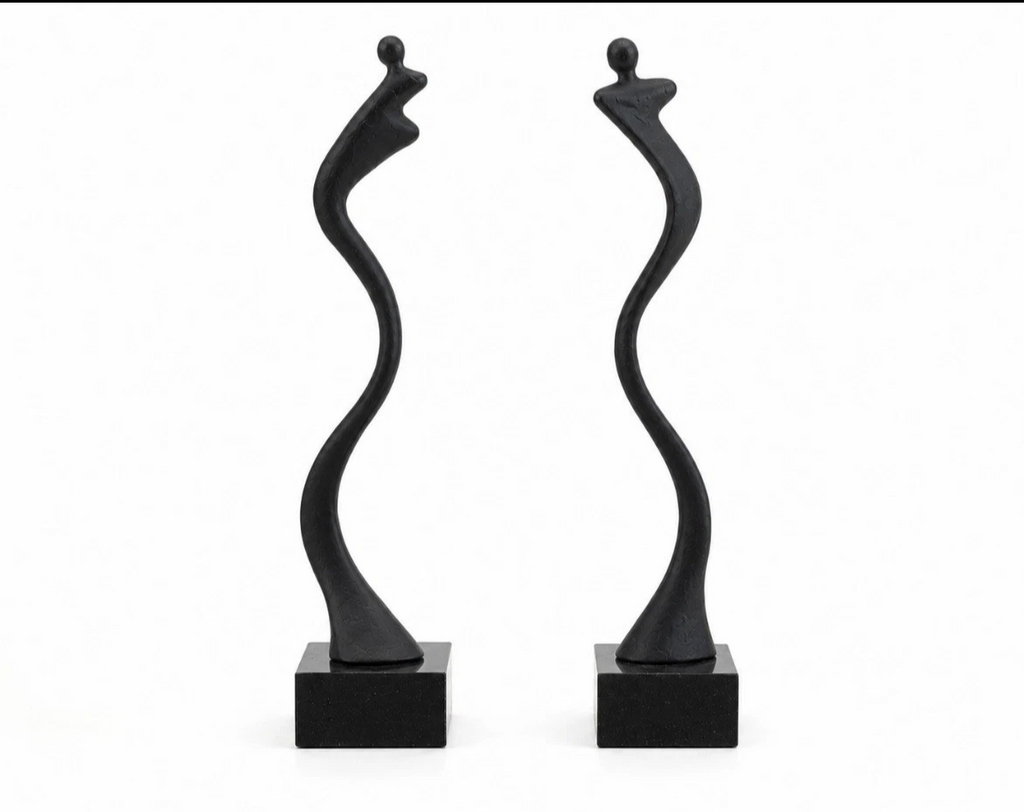 Duo de sculptures abstraites Corry Ammerlaan (CAN) — Métal patiné & socles marbre noir, H. 22 cm
