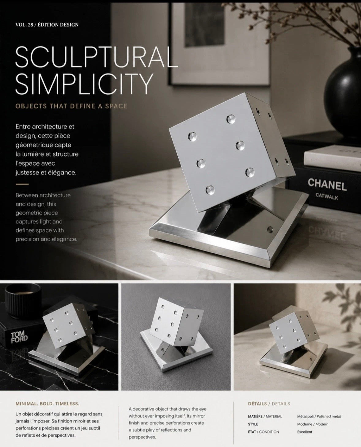 Presse-Papiers Cube Chrome Style Edgar Brandt — Design Moderniste 1960