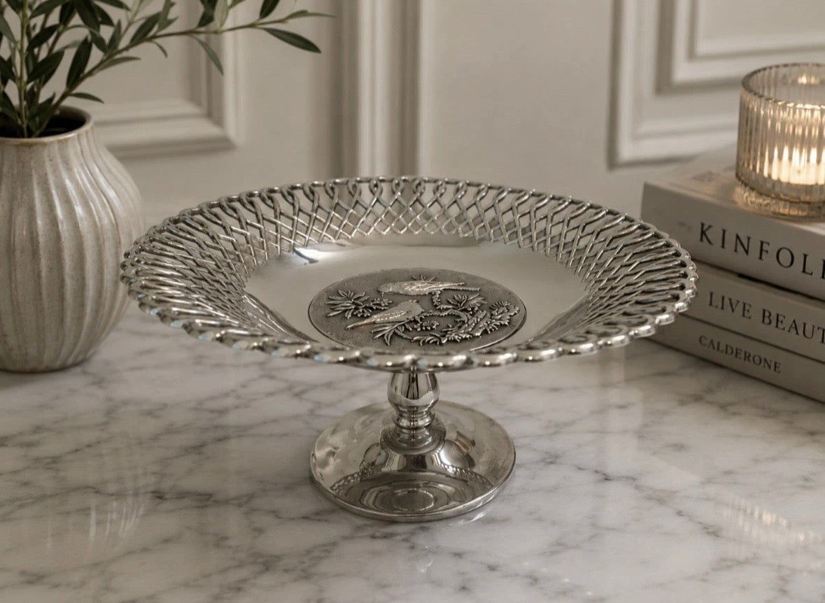 Vintage Chrome Fruit Bowl Schweden Schaetze — Coupe Oiseaux Relief 1960s Art Déco