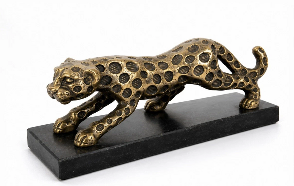 Léopard décoratif doré patiné — Socle effet pierre noir, style Art Déco, L. 24 cm