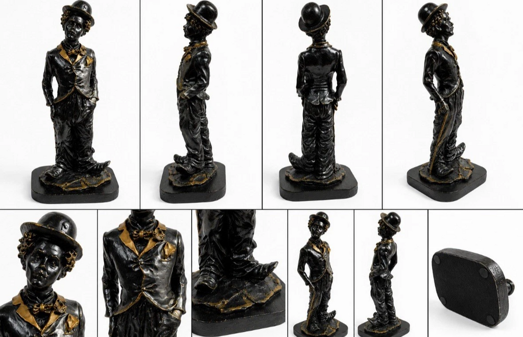 Statuette Charlot style Charlie Chaplin — Résine & socle bois, noir & doré, H. 22 cm