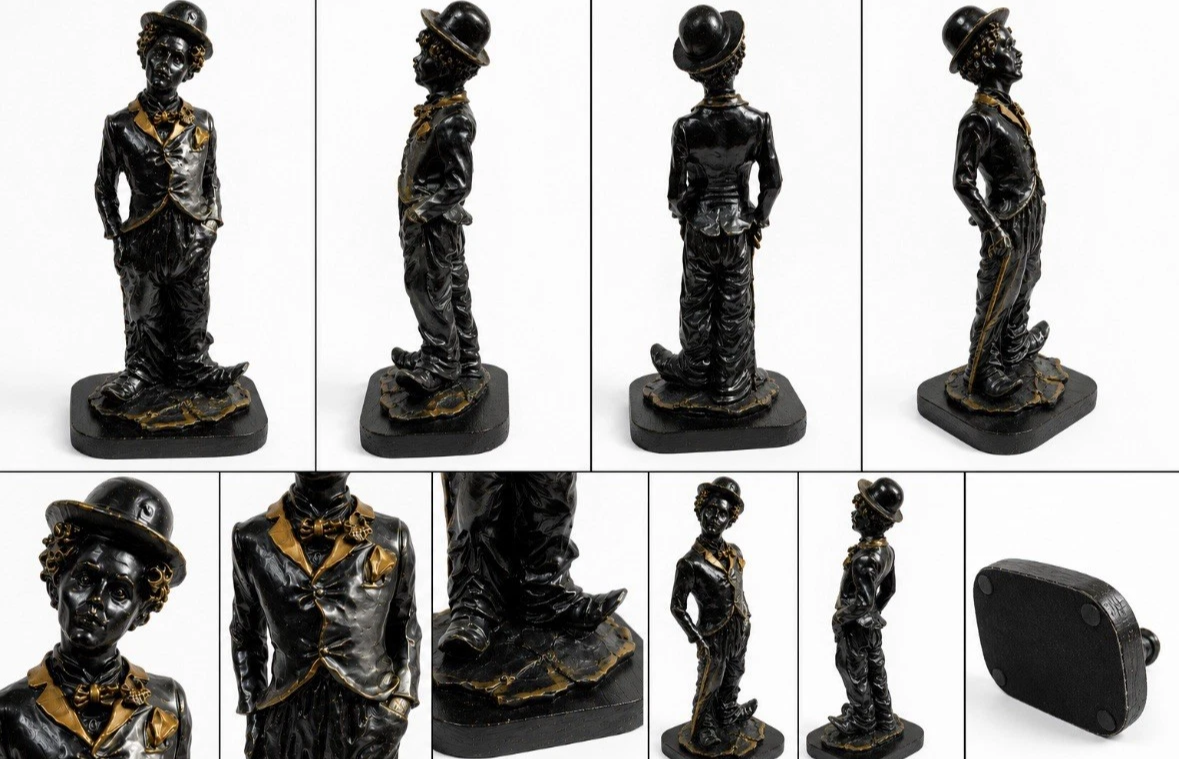 Statuette Charlot style Charlie Chaplin — Résine & socle bois, noir & doré, H. 22 cm