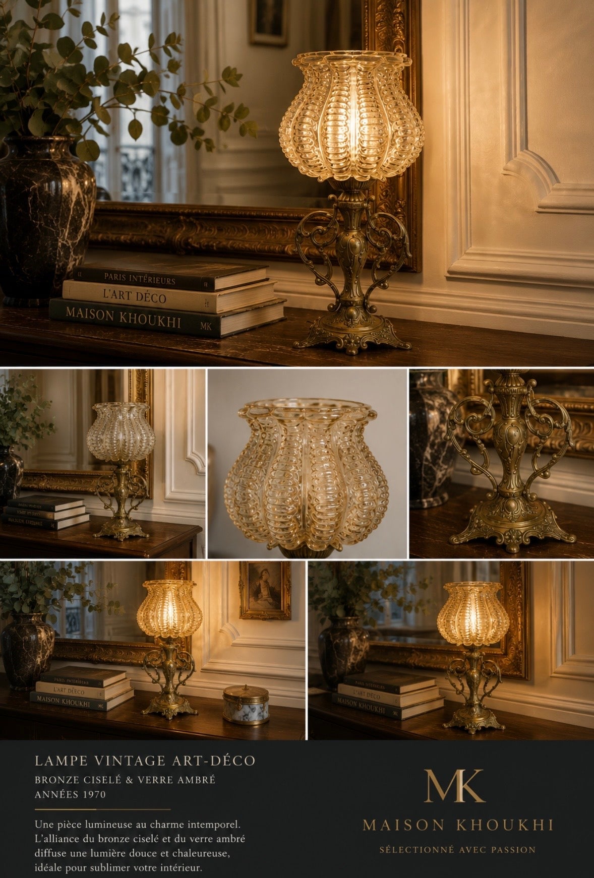 Lampe vintage en bronze ciselé et verre ambré – Années 1970
