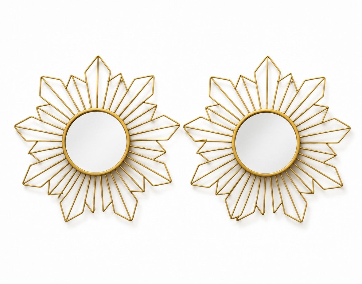 Paire de miroirs soleil vintage en métal doré – 29 cm – Années 70