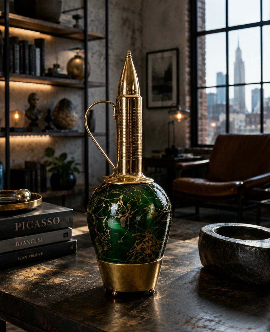 Carafe musicale vintage en verre vert et laiton – Années 60/70