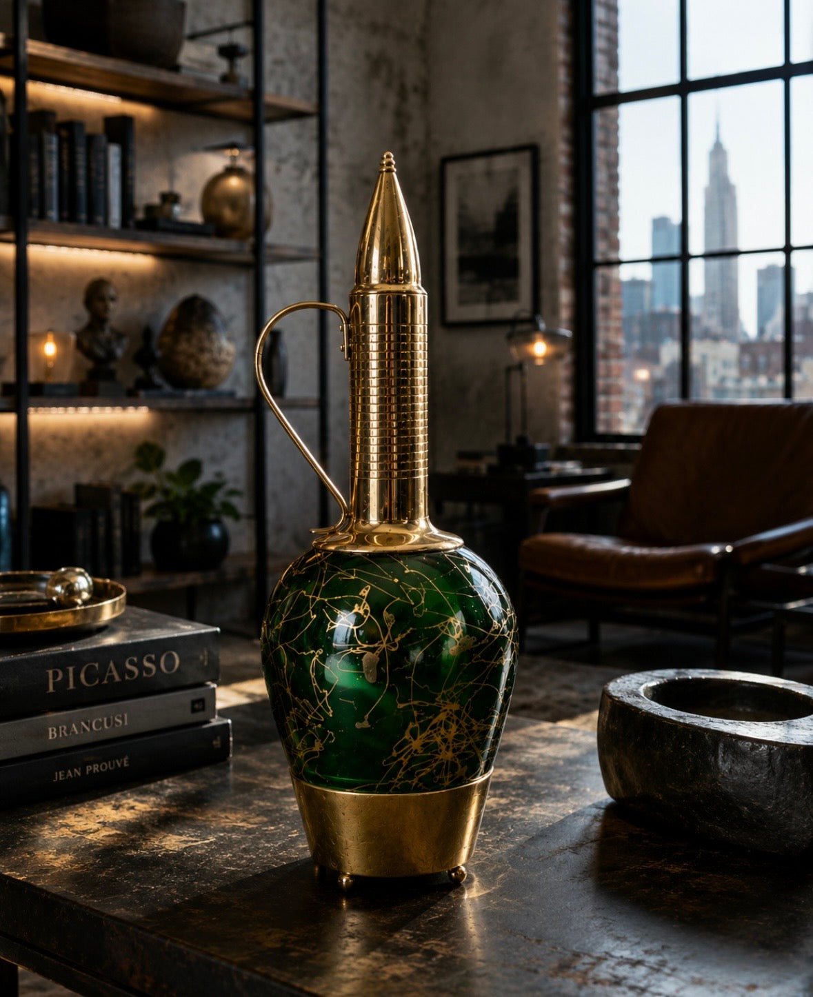 Carafe musicale vintage en verre vert et laiton – Années 60/70