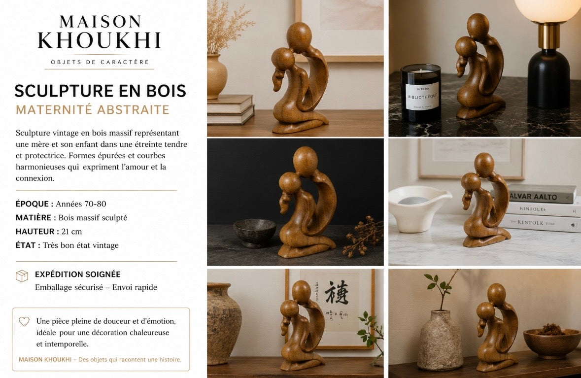 Sculpture en Bois – Maternité Abstraite