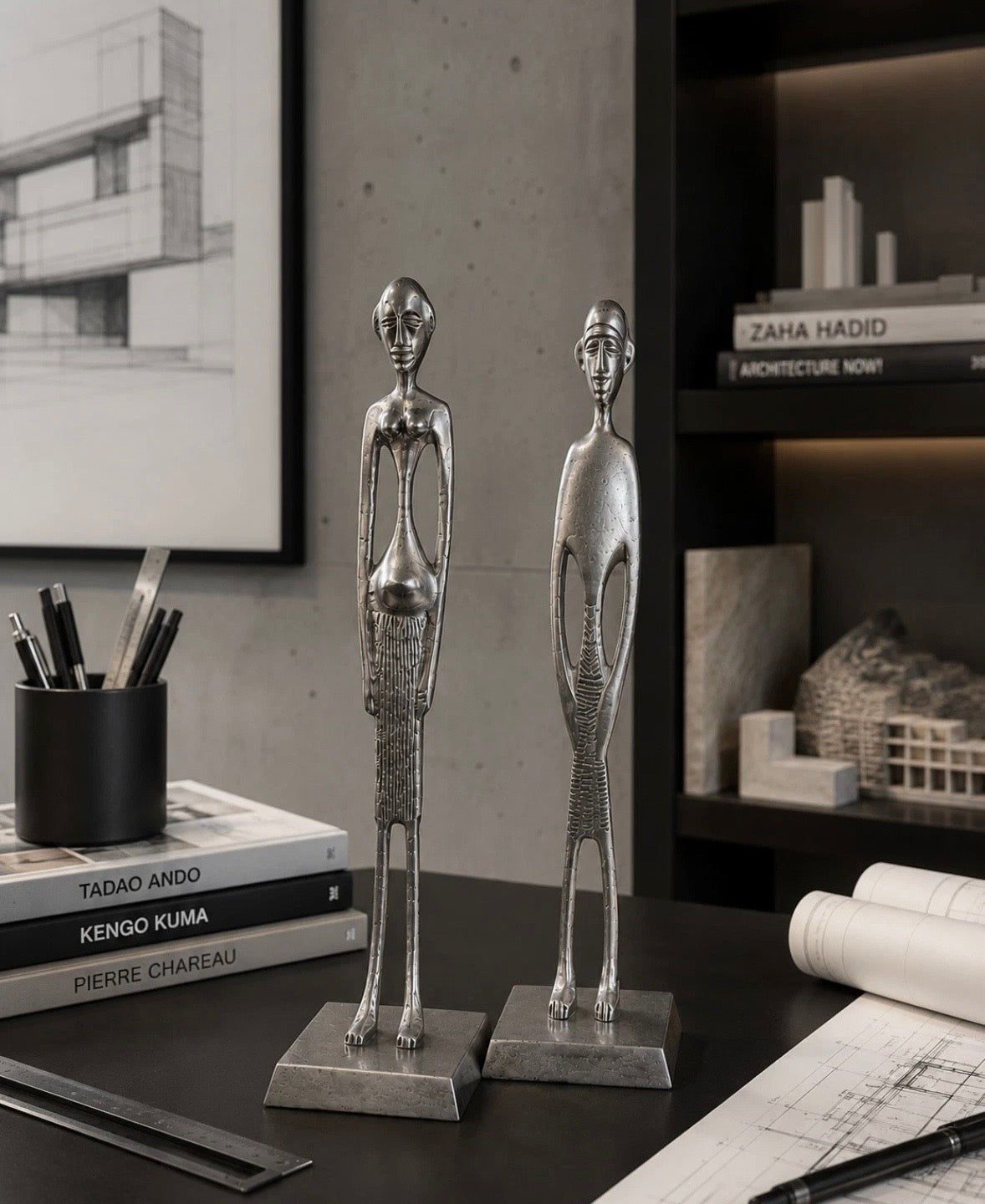 Couple Sculptures Aluminium Moderniste 35 cm — Modernist Aluminum Pair