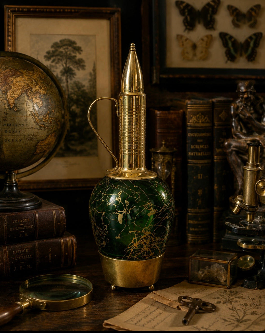 Carafe musicale vintage en verre vert et laiton – Années 60/70