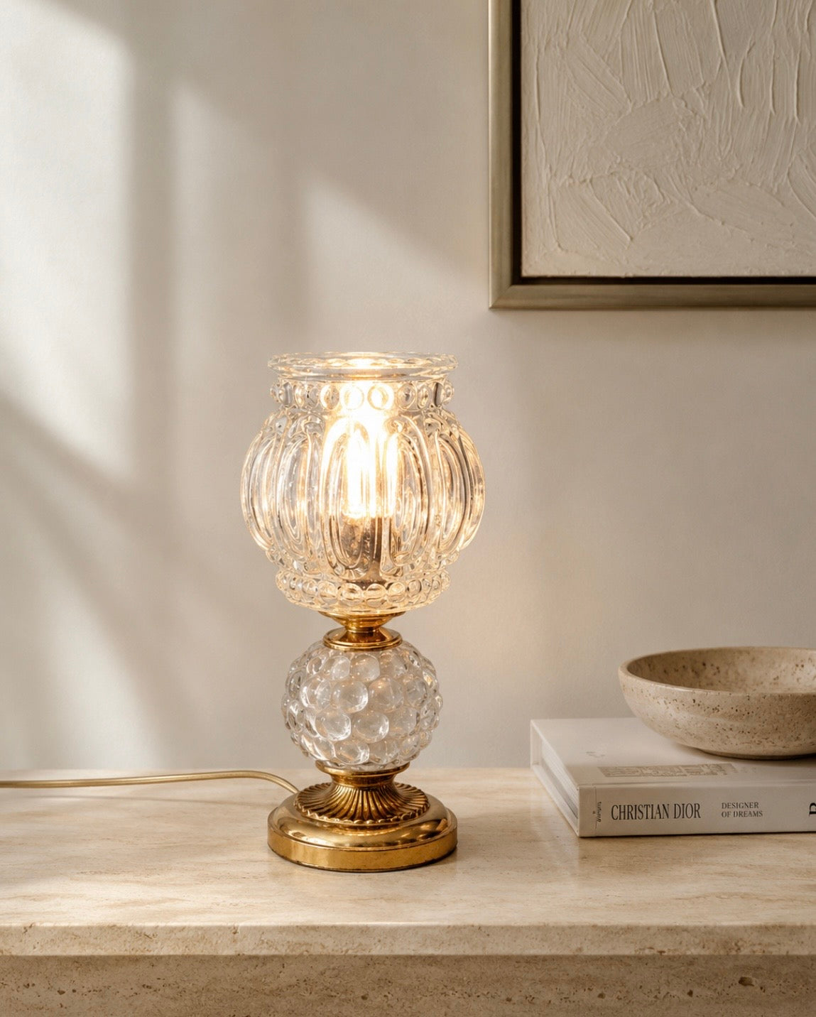 Lampe vintage en verre texturé et métal doré – Années 70