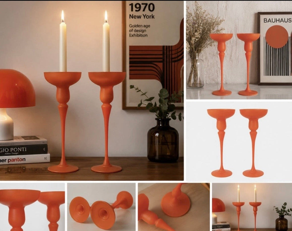 Paire Bougeoirs Verre Orange Vintage Space Age | Glass Candle Holders