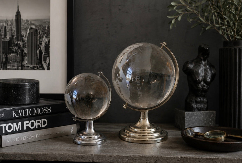 Globe terrestre décoratif en verre gravé – Lot de 2