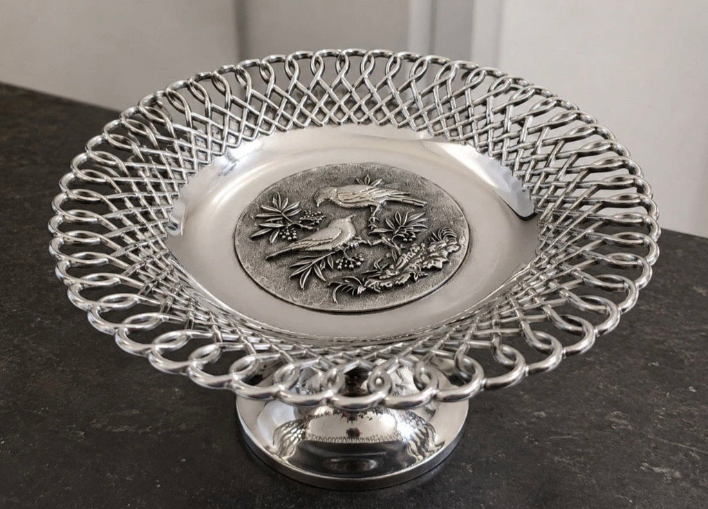 Vintage Chrome Fruit Bowl Schweden Schaetze — Coupe Oiseaux Relief 1960s Art Déco