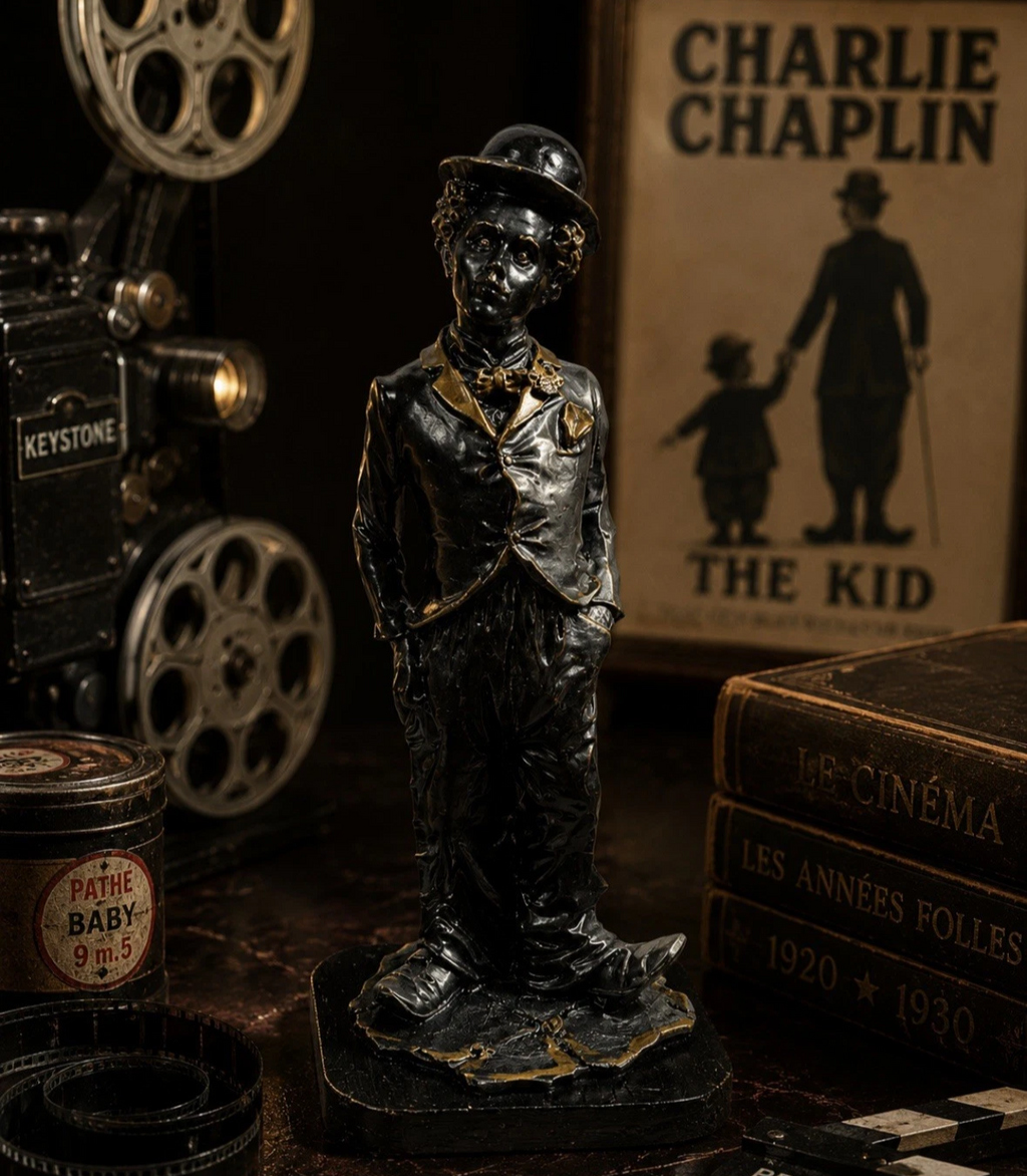 Statuette Charlot style Charlie Chaplin — Résine & socle bois, noir & doré, H. 22 cm