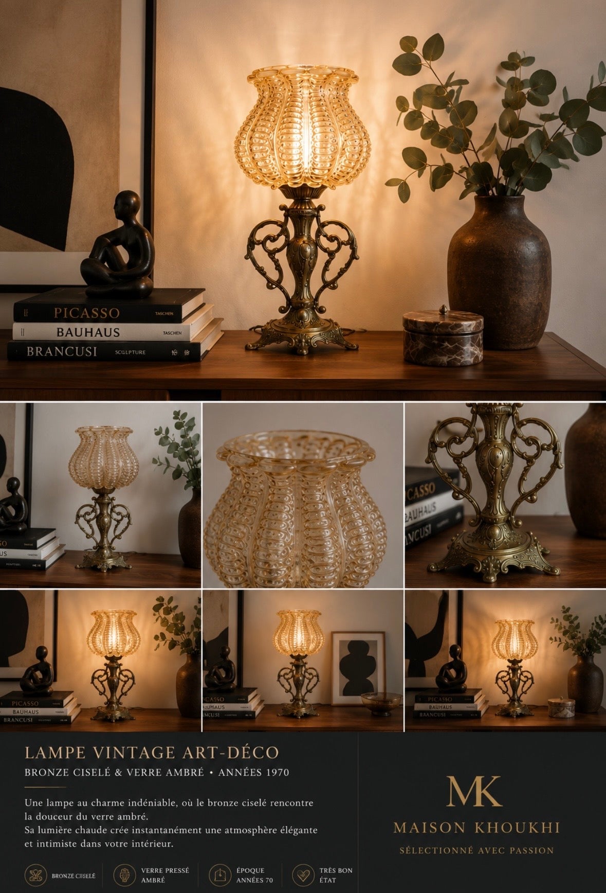 Lampe vintage en bronze ciselé et verre ambré – Années 1970