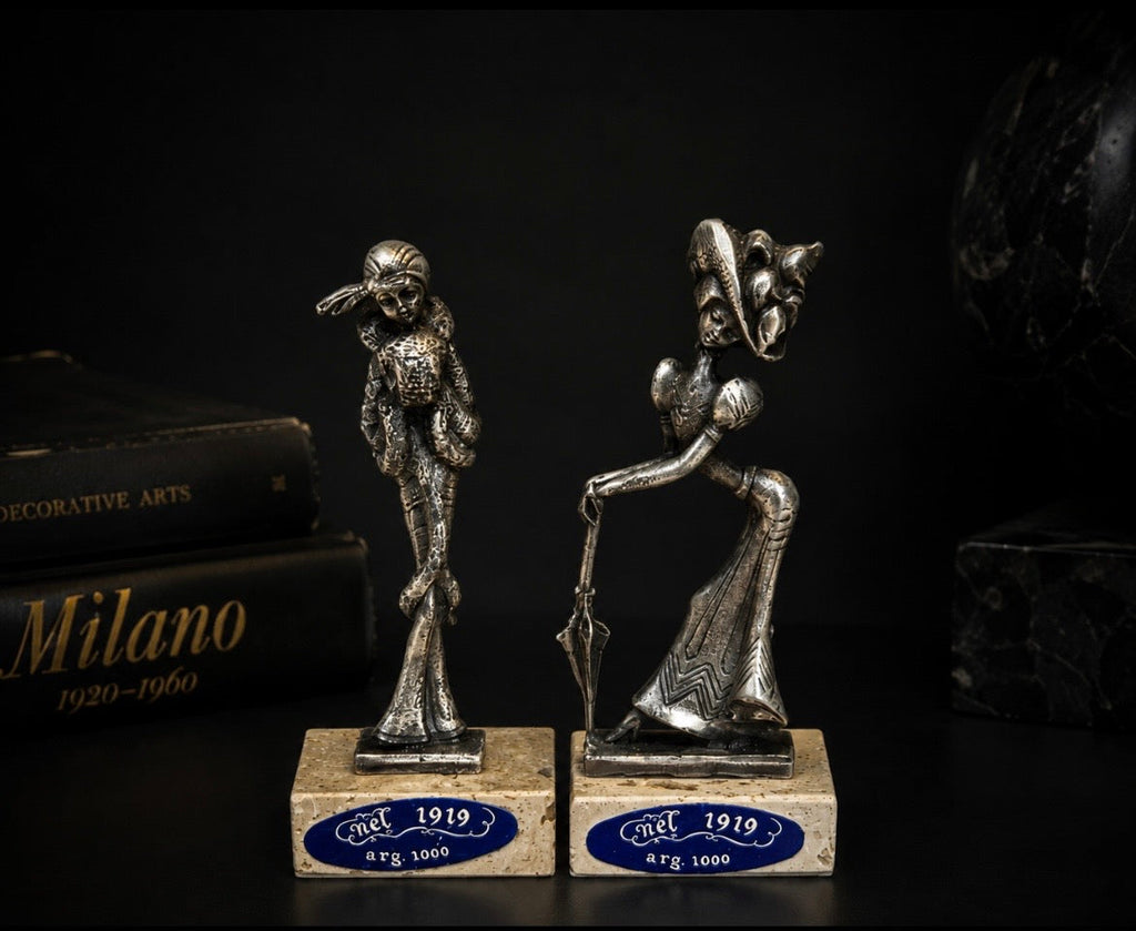 Paire de statuettes vintage plaquées argent sur socle minéral – Style italien