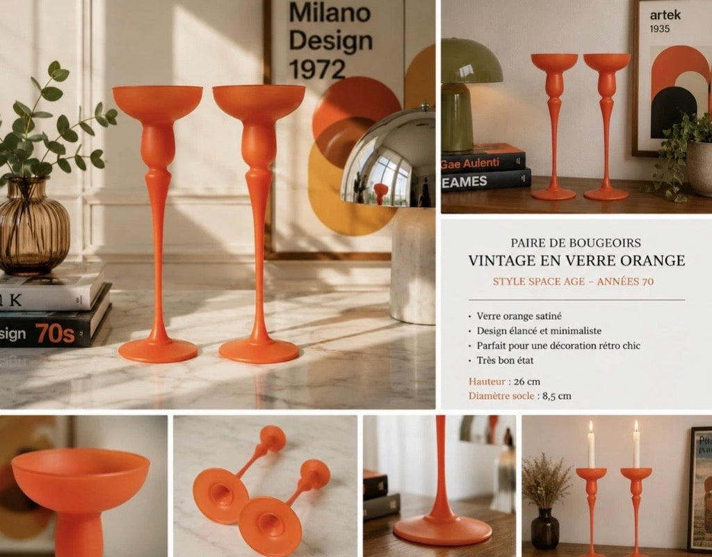 Paire Bougeoirs Verre Orange Vintage Space Age | Glass Candle Holders