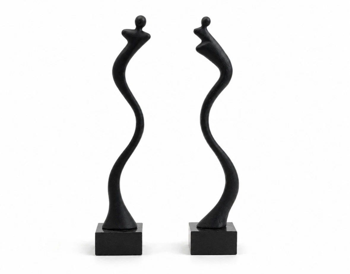 Duo de sculptures abstraites Corry Ammerlaan (CAN) — Métal patiné & socles marbre noir, H. 22 cm