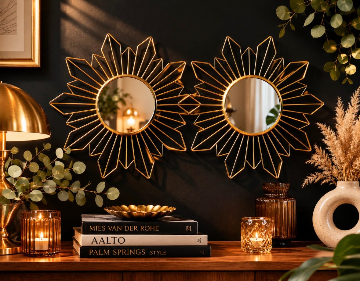 Paire de miroirs soleil vintage en métal doré – 29 cm – Années 70